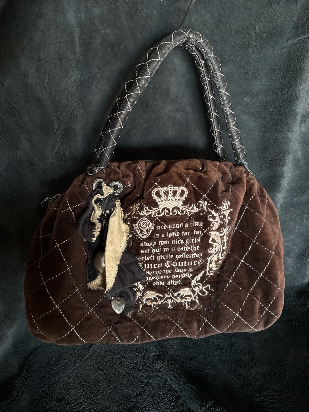 Y2K Juicy Couture “Once Upon A Time” Velour Brown Bag, Silver Bag Charm